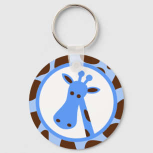 Blue and Brown Giraffe Spots and Giraffe Head Key Ring