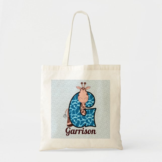 Blue and Brown Kids Giraffe Monogram G Tote Bag (Front)