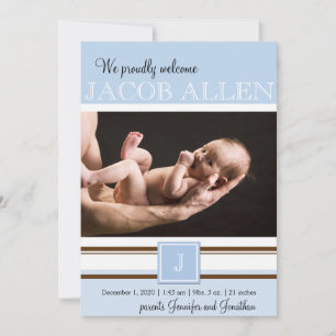 Blue and Brown Monogram Boy Baby Announcement