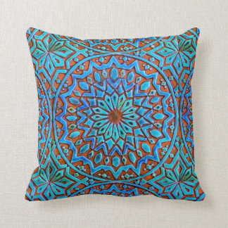 Blue and Brown Moroccan Tile pattern in watercolor Cushion