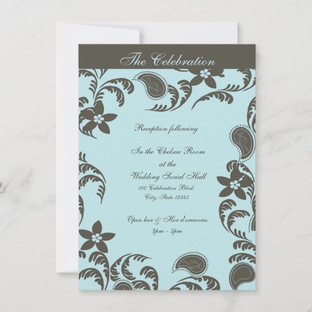 Blue and Brown Paisley Floral Invitation (Front)