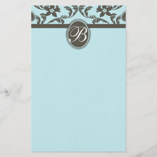 Blue and Brown Paisley Floral Monogram Stationery