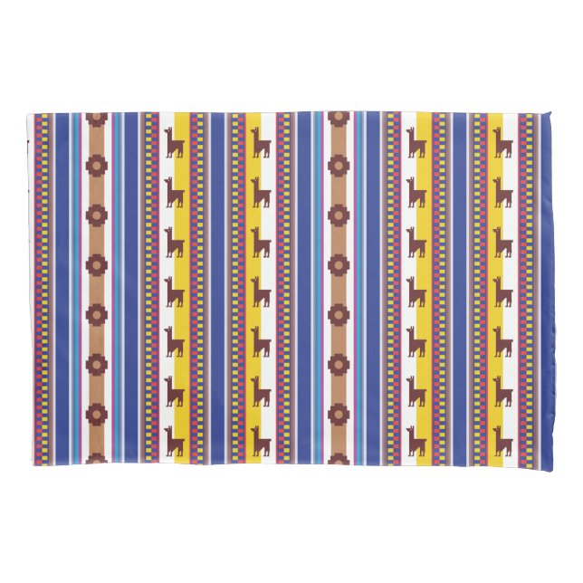 Blue and brown peruvian Llama Pattern Pillowcase (Front)