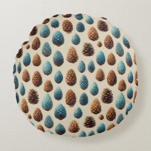 Blue and Brown Pinecone Winter Pattern Round Cushion