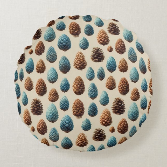 Blue and Brown Pinecone Winter Pattern Round Cushion (Front)