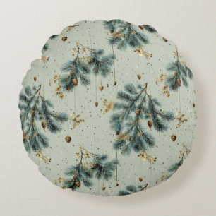Blue and Brown Pinecone Winter Pattern Round Cushion