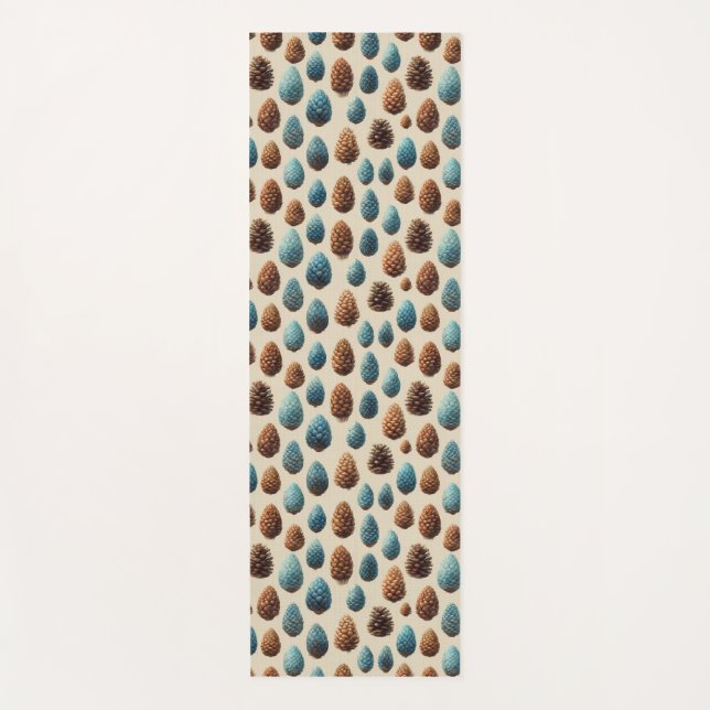 Blue and Brown Pinecone Winter Pattern Yoga Mat (Front)