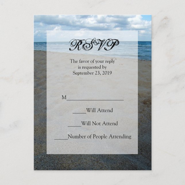Blue and Brown Sands ~ Beach Wedding RSVP Reply Invitation Postcard (Front)
