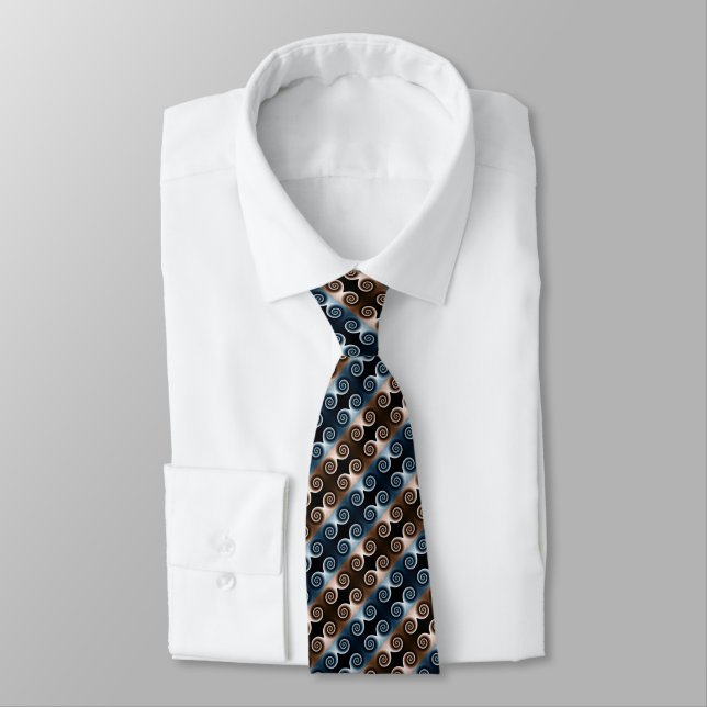 Blue and Brown Spiral Abstract Pattern Tie (Tied)