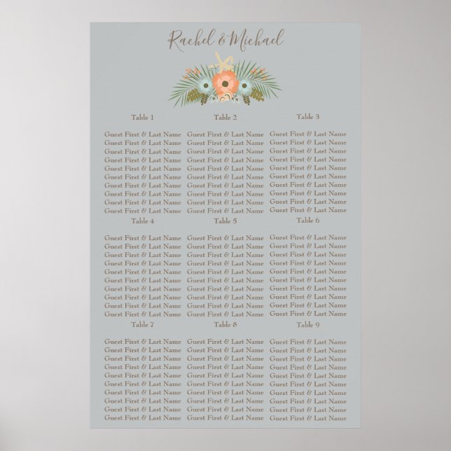 Blue and Brown Starfish floral Seating Chart (Front)