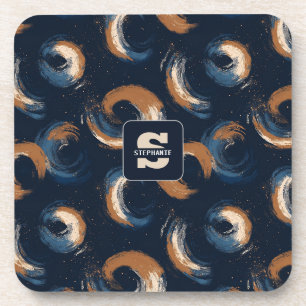Blue and Brown Swirl Circle on Dark Background Coaster