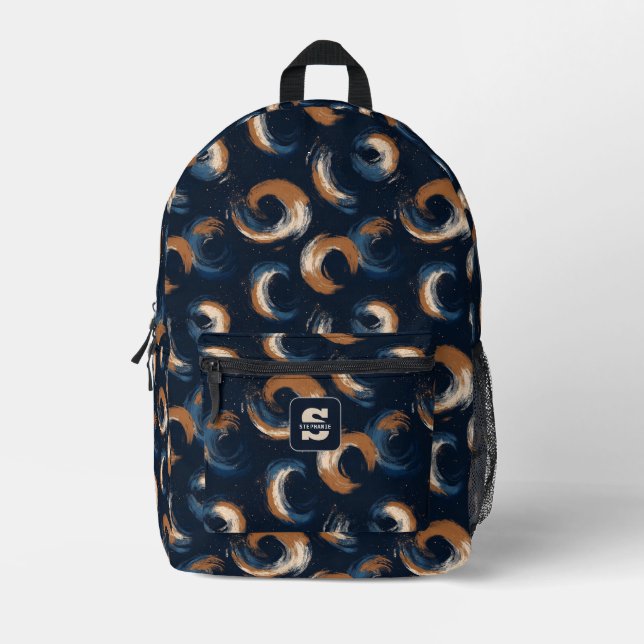 Blue and Brown Swirl Circle on Dark Background Printed Backpack (Front)
