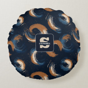 Blue and Brown Swirl Circle on Dark Background Round Cushion