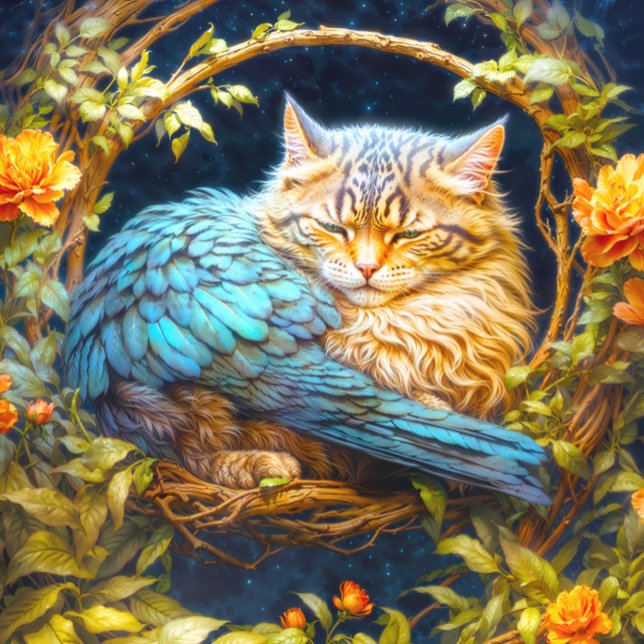 Blue and Brown Tabby Cat with Feathers Jigsaw Puzzle (Close- up of artwork)