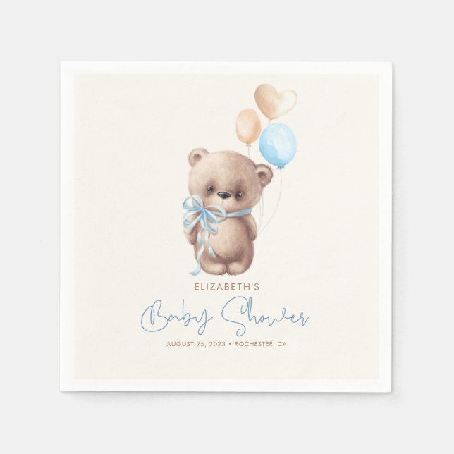 Blue and Brown Teddy Bear Baby Shower Napkin (Front)