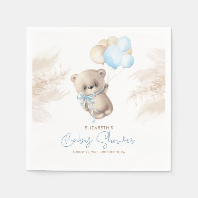 Blue and Brown Teddy Bear Baby Shower Napkins (Front)