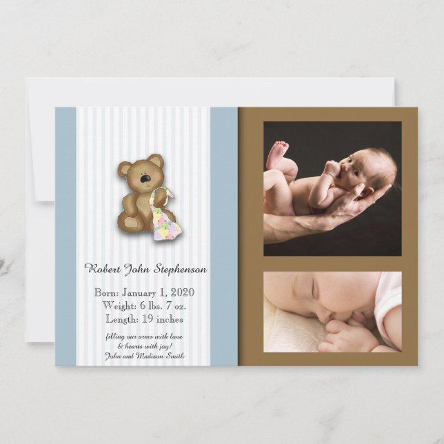 Blue and Brown Teddy Bear Photo Baby Announcement (Front)