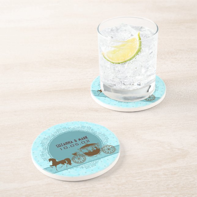 Blue And Brown Tones Wedding Horse And Carriage Coaster (Side)