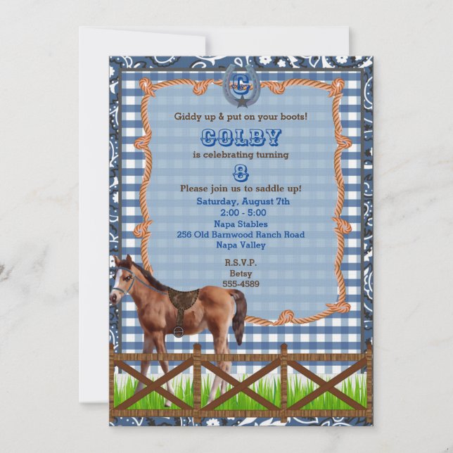 Blue and Brown Western Horse Invitation (Front)