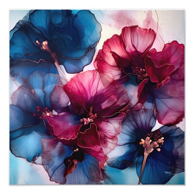 Blue and Burgundy Abstract Flowers Photo Print (Front)