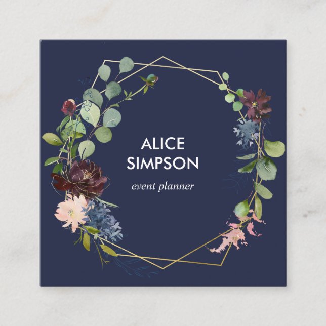 Blue and Burgundy Floral Geometric Square Business Card (Front)