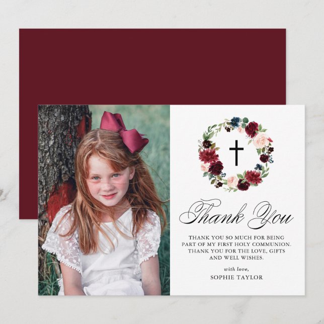 Blue and Burgundy Floral Wreath First Communio Thank You Card (Front/Back)