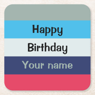 Blue And Burgundy Happy Birthday Square Paper Coaster