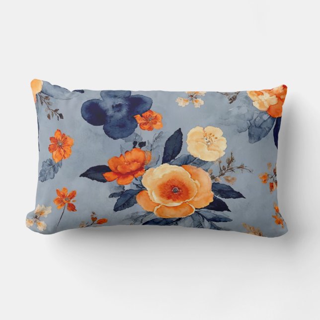 Blue and Burnt Orange Farmhouse floral Lumbar Cushion (Front)