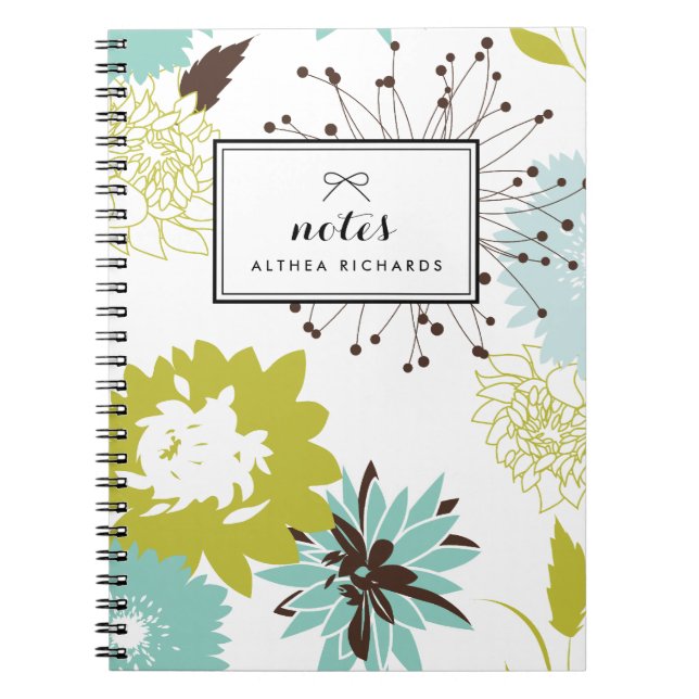 Blue and Chartreuse Floral Pattern Personalised Notebook (Front)