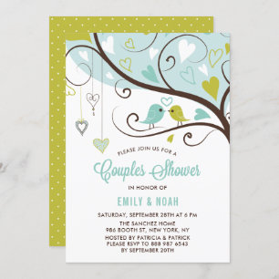 Blue and Chartreuse Love Birds Couples Shower Invitation