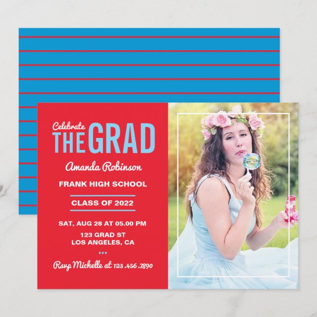 Blue and Cherry Red Graduation Party Photo Invitation (Front/Back)