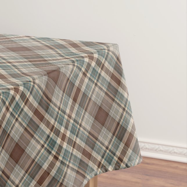 Blue and chocolate brown check tablecloth (In Situ)