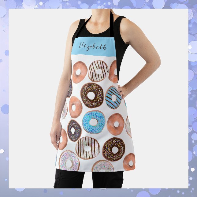 Blue and Chocolate Brown Doughnut Custom Name Bake Apron (Creator Uploaded)