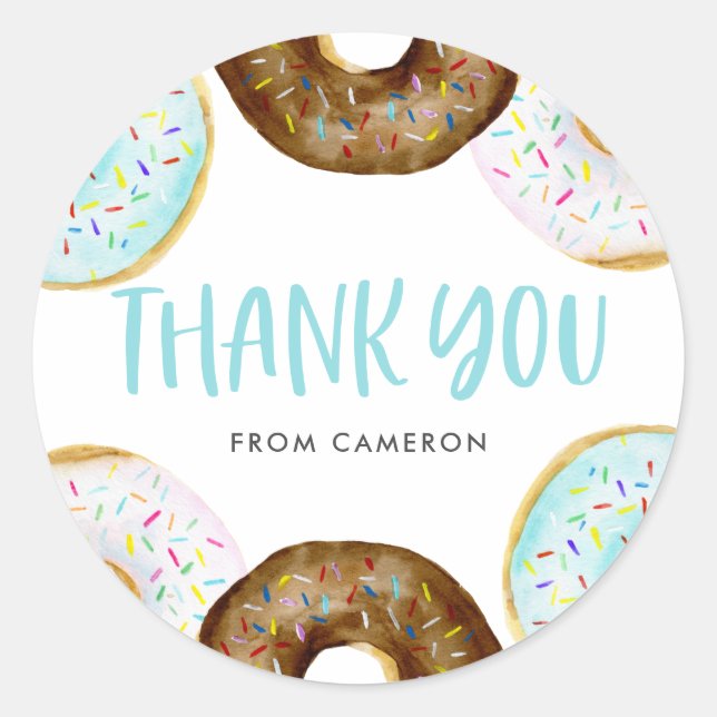 Blue and Chocolate Donuts Birthday Thank You Classic Round Sticker (Front)