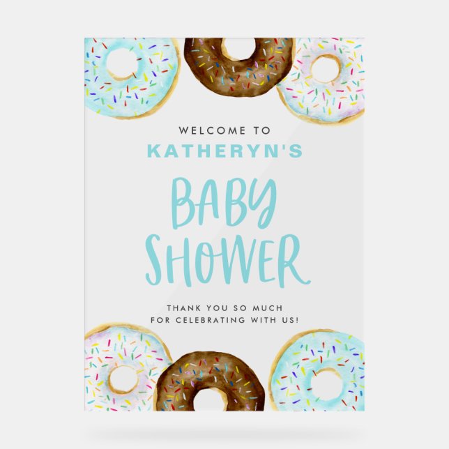 Blue and Chocolate Doughnuts Baby Shower Welcome Acrylic Sign (Front)