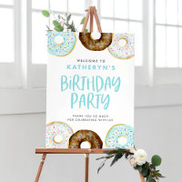 Blue and Chocolate Doughnuts Birthday Party Welcom