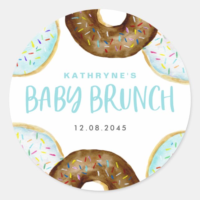 Blue and Chocolate Sprinkle Doughnuts Baby Brunch Classic Round Sticker (Front)
