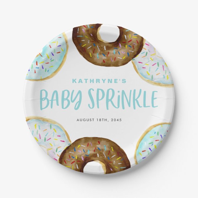 Blue and Chocolate Sprinkle Doughnuts Baby Sprinkl Paper Plate (Front)