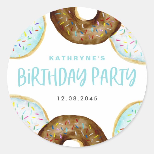 Blue and Chocolate Sprinkle Doughnuts Birthday Par Classic Round Sticker (Front)