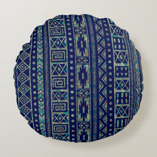 Blue And Colourful Tribal Geometric Pattern Round Cushion (Front)