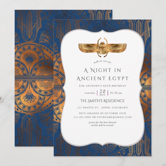 Blue and Copper Gold Foil Egyptian Themed Party Invitation (Front/Back)