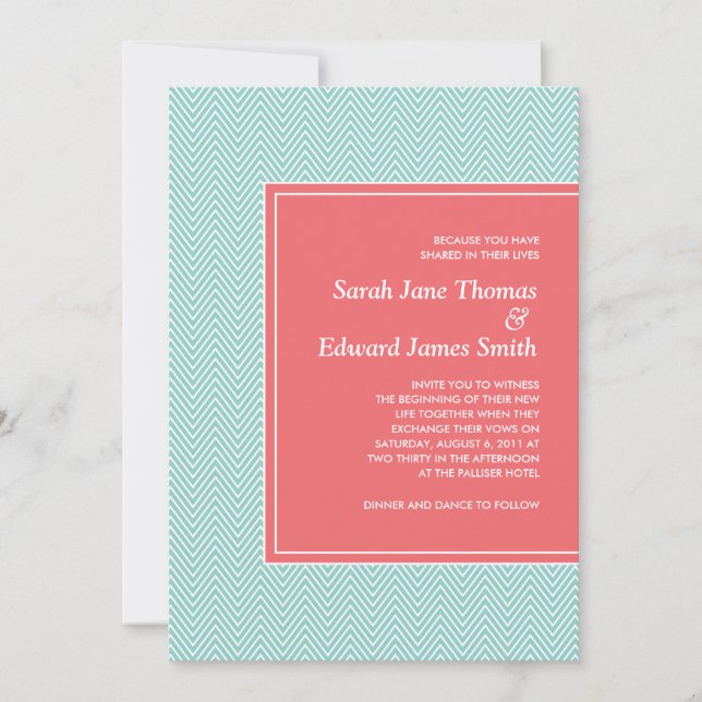 Blue and Coral Chevron Wedding Invitation (Front)