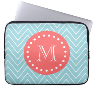 Blue and Coral Chevron with Custom Monogram Laptop Sleeve