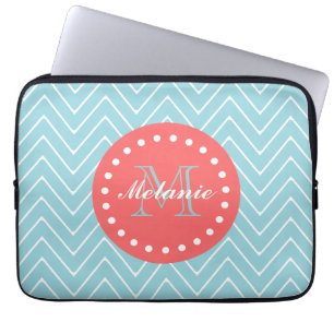 Blue and Coral Chevron with Custom Monogram Laptop Sleeve