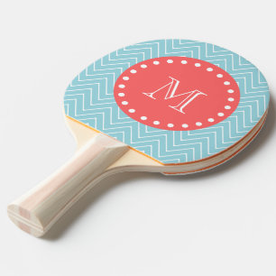 Blue and Coral Chevron with Custom Monogram Ping Pong Paddle