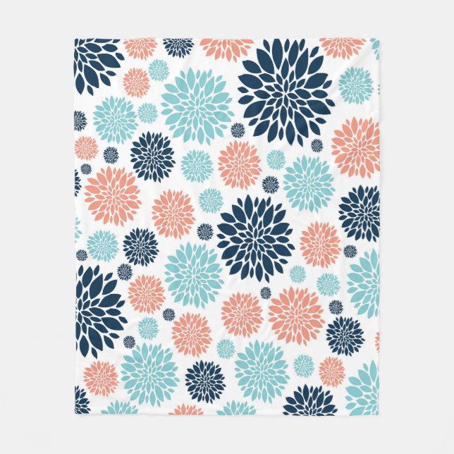 Blue and Coral Floral Fleece Blanket (Front)