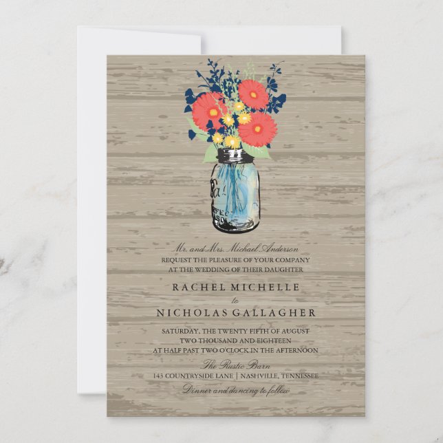 Blue and Coral Garden Mason Jar Wood | Wedding Invitation (Front)