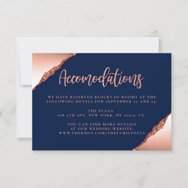 Blue and Coral Glitter Wedding ACCOMMODATIONS CARD (Front)