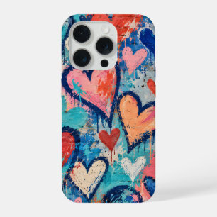 Blue and Coral Graffiti Hearts with Paint Drips iPhone 15 Pro Case