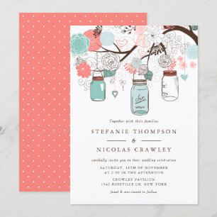 Blue and Coral Hanging Mason Jars Wedding Invitation